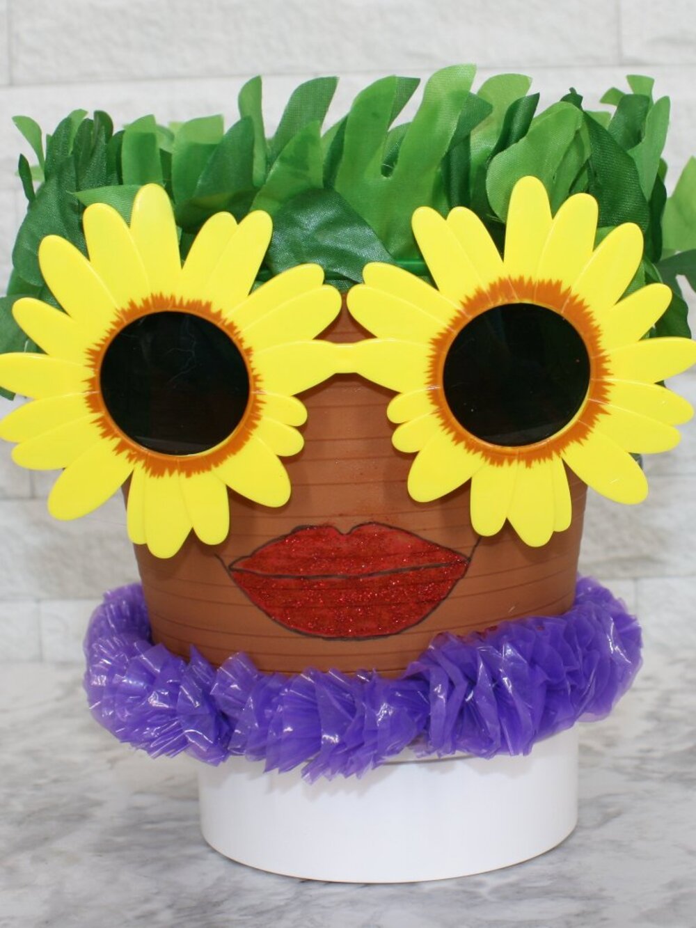 HAND CRAFTED Pot Head Yellow Floral Planter Upcycled Lady Face Luau Decor Daisy